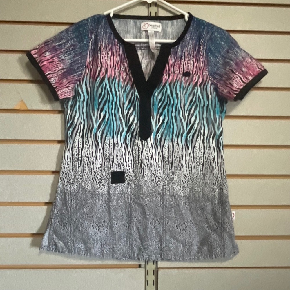 Peaches Uniforms Womens XS Scrub Top Animal Print Zebra Leopard Pink‎ Teal Grey